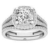 GIA CERTIFIED 2.15 Carat (ctw) 18K White Gold Cushion & Round Diamond Bridal Engagement Ring Set