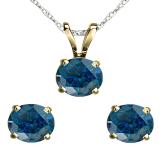 2.00 Carat (ctw) 18K Yellow Gold Round Blue Diamond Ladies Stud Earring & Pendant Set 2 CT