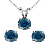 1.50 Carat (ctw) 10K White Gold Round Blue Diamond Ladies Stud Earring & Pendant Set 1 1/2 CT