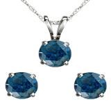 2.00 Carat (ctw) 18K White Gold Round Blue Diamond Ladies Stud Earring & Pendant Set 2 CT