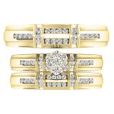 0.60 Carat (ctw) 14K Yellow Gold Round Diamond Men & Women's Engagement Ring Trio Bridal Set