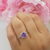 18K White Gold 6.5 MM Cushion Amethyst & Round White Diamond Ladies Bridal Halo Engagement Ring