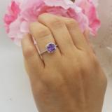 18K White Gold 6.5 MM Cushion Amethyst & Round White Diamond Ladies Bridal Halo Engagement Ring