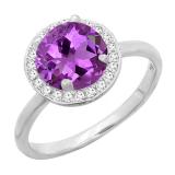10K White Gold 6.5 MM Round Amethyst & White Diamond Ladies Bridal Halo Style Engagement Ring