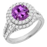 10K White Gold 8 MM Round Amethyst & White Diamond Halo Split Shank Vintage Bridal Engagement Ring