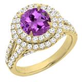 10K Yellow Gold 8 MM Round Amethyst & White Diamond Halo Split Shank Vintage Bridal Engagement Ring
