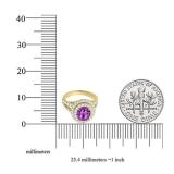 10K Yellow Gold 8 MM Round Amethyst & White Diamond Halo Split Shank Vintage Bridal Engagement Ring