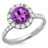 10K White Gold 7.5 MM Round Amethyst & White Diamond Ladies Bridal Halo Engagement Ring