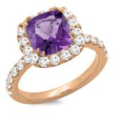 18K Rose Gold 8.5 MM Cushion Amethyst & Round White Diamond Ladies Bridal Halo Engagement Ring