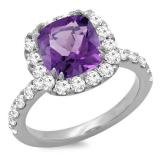 18K White Gold 8.5 MM Cushion Amethyst & Round White Diamond Ladies Bridal Halo Engagement Ring