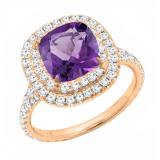 14K Rose Gold 7 MM Cushion Amethyst & Round White Diamond Ladies Bridal Halo Engagement Ring