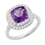 14K White Gold 7 MM Cushion Amethyst & Round White Diamond Ladies Bridal Halo Engagement Ring