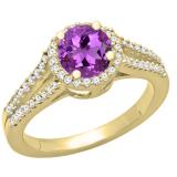 10K Yellow Gold 6 MM Round Amethyst & White Diamond Halo Split Shank Bridal Engagement Ring