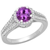 14K White Gold 6 MM Round Amethyst & White Diamond Halo Split Shank Bridal Engagement Ring