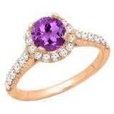 10K Rose Gold 7.5 MM Round Amethyst & White Diamond Halo Bridal Engagement Ring