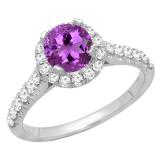 10K White Gold 7.5 MM Round Amethyst & White Diamond Halo Bridal Engagement Ring