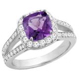14K White Gold 7 MM Cushion Amethyst & Round White Diamond Halo Split Shank Bridal Engagement Ring