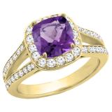 18K Yellow Gold 7 MM Cushion Amethyst & Round White Diamond Halo Split Shank Bridal Engagement Ring