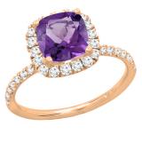 14K Rose Gold 7.00 MM Cushion Amethyst & Round White Diamond Ladies Bridal Halo Engagement Ring