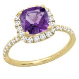 14K Yellow Gold 7.00 MM Cushion Amethyst & Round White Diamond Ladies Bridal Halo Engagement Ring