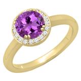 18K Yellow Gold 6.00 MM Round Amethyst & White Diamond Ladies Bridal Halo Engagement Ring
