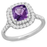 10K White Gold 6.5 MM Cushion Amethyst & Round White Diamond Ladies Bridal Halo Engagement Ring