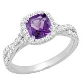14K White Gold 6.00 MM Cushion Amethyst & Round White Diamond Ladies Bridal Halo Engagement Ring