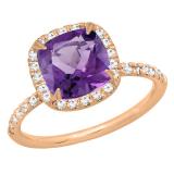 14K Rose Gold 7.5 MM Cushion Amethyst & Round White Diamond Ladies Bridal Halo Engagement Ring