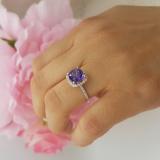 14K White Gold 7.5 MM Cushion Amethyst & Round White Diamond Ladies Bridal Halo Engagement Ring