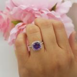 14K White Gold 7.5 MM Cushion Amethyst & Round White Diamond Ladies Bridal Halo Engagement Ring