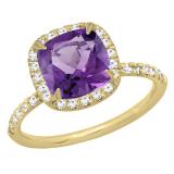 14K Yellow Gold 7.5 MM Cushion Amethyst & Round White Diamond Ladies Bridal Halo Engagement Ring
