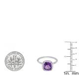 Sterling Silver 7.5 MM Cushion Amethyst & Round White Diamond Ladies Bridal Halo Engagement Ring