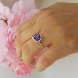 Sterling Silver 7.5 MM Cushion Amethyst & Round White Diamond Ladies Bridal Halo Engagement Ring