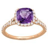 18K Rose Gold 6.5 MM Cushion Amethyst & Round White Diamond Ladies Bridal Halo Engagement Ring