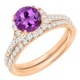 10K Rose Gold 6 MM Round Amethyst & White Diamond Bridal Wedding Ring Set
