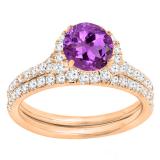 10K Rose Gold 6 MM Round Amethyst & White Diamond Bridal Wedding Ring Set