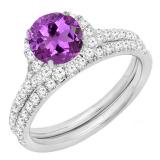 10K White Gold 6 MM Round Amethyst & White Diamond Bridal Wedding Ring Set