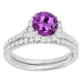 10K White Gold 6 MM Round Amethyst & White Diamond Bridal Wedding Ring Set