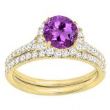 10K Yellow Gold 6 MM Round Amethyst & White Diamond Bridal Wedding Ring Set