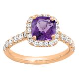 14K Rose Gold 7 MM Cushion Amethyst & Round White Diamond Ladies Bridal Halo Engagement Ring