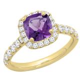 14K Yellow Gold 7 MM Cushion Amethyst & Round White Diamond Ladies Bridal Halo Engagement Ring