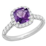 18K White Gold 7 MM Cushion Amethyst & Round White Diamond Ladies Bridal Halo Engagement Ring