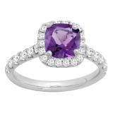 18K White Gold 7 MM Cushion Amethyst & Round White Diamond Ladies Bridal Halo Engagement Ring