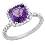 10K White Gold 7.5 MM Cushion Amethyst & Round White Diamond Ladies Bridal Halo Engagement Ring