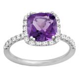 10K White Gold 7.5 MM Cushion Amethyst & Round White Diamond Ladies Bridal Halo Engagement Ring