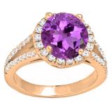 14K Rose Gold 6.5 MM Round Amethyst & White Diamond Ladies Bridal Halo Engagement Ring