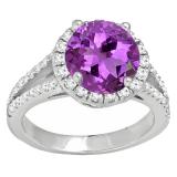 14K White Gold 6.5 MM Round Amethyst & White Diamond Ladies Bridal Halo Engagement Ring