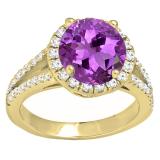 14K Yellow Gold 6.5 MM Round Amethyst & White Diamond Ladies Bridal Halo Engagement Ring