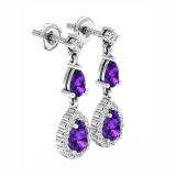 1.65 Carat (ctw) Sterling Silver Pear Cut Amethyst & Round Diamond Ladies Halo Dangling Earrings