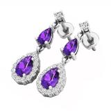 1.65 Carat (ctw) Sterling Silver Pear Cut Amethyst & Round Diamond Ladies Halo Dangling Earrings